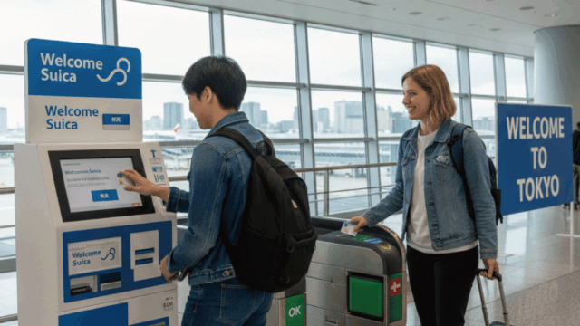 This image captures two foreign travelers at Haneda Airport. One is actively purchasing a "Welcome Suica" from a self-service machine, while the other is using their Suica card to pass through a ticket gate. Both individuals are casually dressed in denim jackets and carrying backpacks, suggesting they are tourists. A luggage can be seen next to one of the travelers. In the background, an airport information board and a "Welcome to Tokyo" sign are visible, setting the scene at an international arrival point. The overall atmosphere is modern and functional, characteristic of a major international airport.