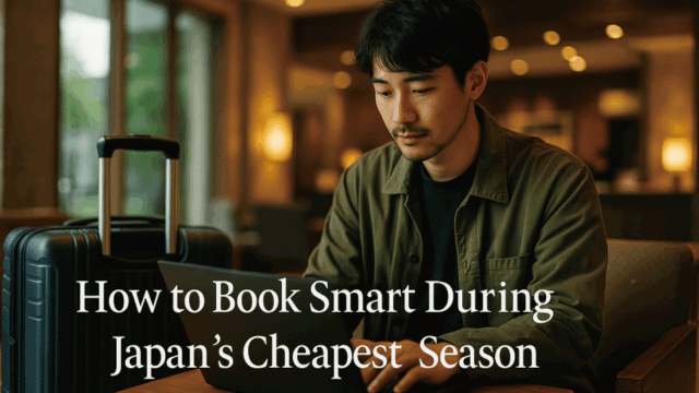 A traveler booking a hotel on a laptop in a Japanese hotel lobby during the off-season in Japan