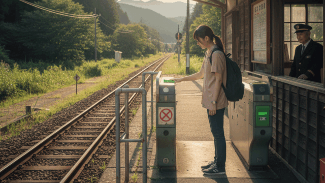 A traveler attempting to use a Suica card at a rural train station, which is outside the Suica service area, with a station attendant watching from the window.
