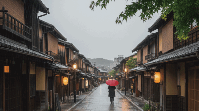 A lone figure with a vibrant red umbrella walks down a wet, cobblestone street lined with traditional wooden machiya houses in Kyoto's Gion district during the rainy season. The street lamps cast a soft glow on the wet stones.