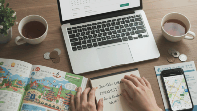 A person is actively planning a trip to Japan, with a laptop showing a hotel booking website, a travel guidebook open on the table, a smartphone displaying a map application, and a notepad with "Jan-Feb: CHEAPEST!" and "Avoid Golden Week!" written on it. Two cups of tea and some Japanese coins are also on the wooden table, creating a cozy and organized planning scene.