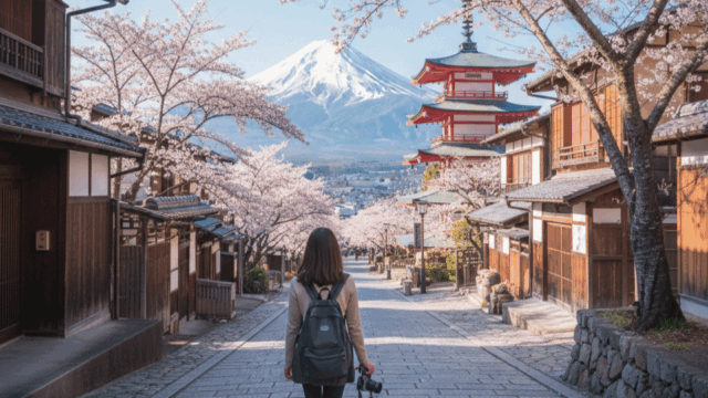 A solo traveler planning a trip in Japan with a map, train tickets, and a guidebook on a cafe table
