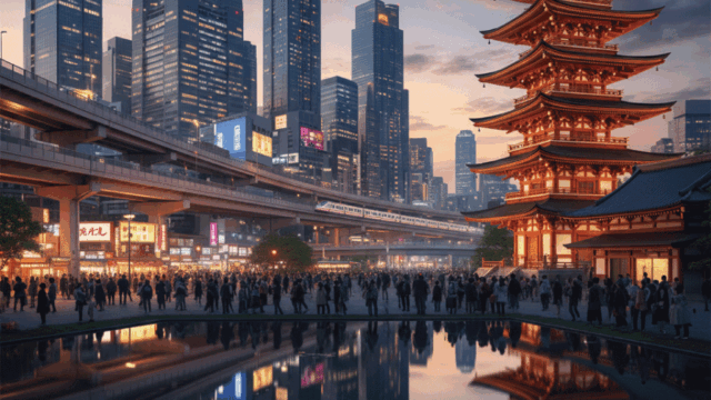 A view of major Japanese cities for solo travel such as Tokyo, Kyoto, and Osaka at sunset
