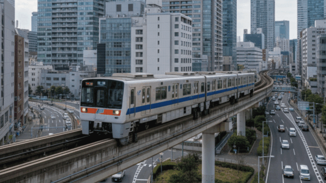 The Tokyo Monorail running through a cityscape with tall buildings.