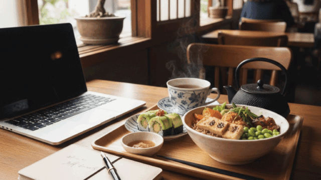 A cozy café table in Japan with a laptop, notebook, and a cup of tea.  A vegan-friendly meal visible on the table.  Soft natural light from a window, calm and thoughtful mood.  Realistic photography, bright and friendly style.