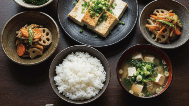 A beautifully arranged Japanese vegan meal.  Rice, tofu, vegetable side dishes, miso-style soup (plant-based), pickles.  Served on traditional Japanese tableware.  Top-down angle, natural lighting, realistic food photography, fresh and appetizing.