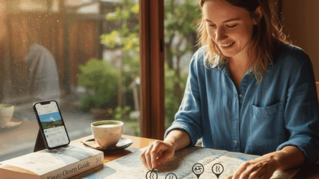 Friendly travel planning scene, a foreign traveler looking at a map of Kyoto with onsen icons, casual clothing, café table setting, smartphone and guidebook on the table, warm daylight, bright and approachable photo style, realistic travel photography