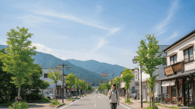 A wide street scene in Hokkaido with open sky, greenery, and fewer people.  A traveler walking with a backpack, small local restaurants visible.  Fresh air feeling, spacious composition.  Bright natural light, realistic travel photography.