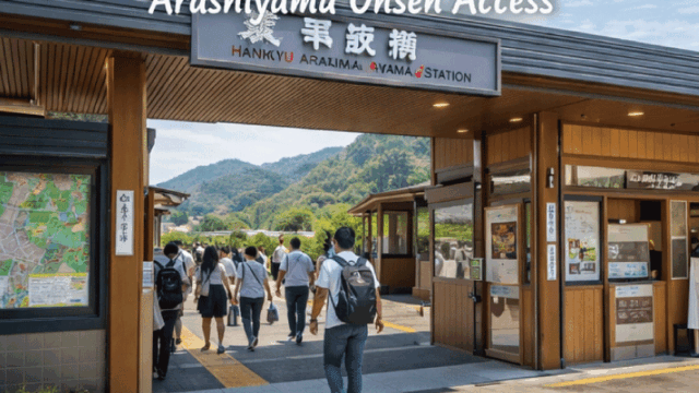 Bright and friendly travel photo showing access to Arashiyama onsen. Include Hankyu Arashiyama Station or JR Saga-Arashiyama Station exterior, clear station signage, a simple map-style street view, and travelers walking calmly toward the Arashiyama area. Daytime, natural sunlight, realistic photography, easy-to-understand composition that visually explains how to get there.