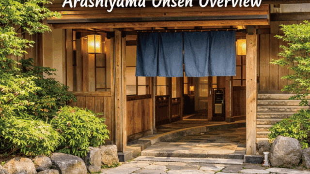 High-quality, bright travel photo showing a traditional Japanese onsen ryokan in Arashiyama. Wooden architecture, noren curtains at the entrance, stone pathway, and greenery around the building. Friendly and approachable mood, daytime lighting, realistic photography style. Clean composition, no dramatic shadows, designed to feel safe and inviting for international visitors.