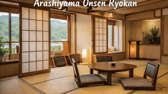 Inviting photo-style image of a traditional Arashiyama onsen ryokan interior. Tatami mat room, low wooden table, shoji screens, and soft daylight coming through the windows. Warm, cozy, and welcoming atmosphere. Realistic travel photography, clean and bright look, designed to feel comfortable for overseas visitors experiencing a ryokan for the first time.