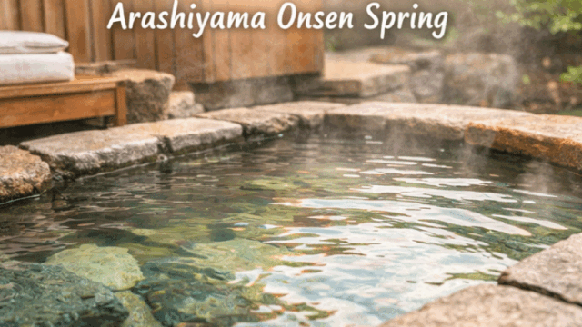 Close but gentle photo-style image focusing on clear hot spring water at an Arashiyama onsen. Show smooth stone bath edge, softly rippling water, light steam, and subtle reflections of surrounding nature. Bright, clean, and calming look. Natural colors, realistic photography, friendly and soothing mood aimed at first-time onsen visitors.