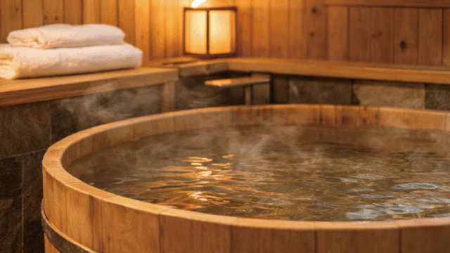 Bright and friendly photo-style image representing tattoo-friendly onsen options in Arashiyama. Show a private onsen bath room with wooden tub, soft lighting, towels placed neatly, and a calm, private atmosphere. No visible people, no tattoos shown directly. Realistic photography, warm and reassuring mood, designed to convey privacy, comfort, and reduced anxiety for international travelers.