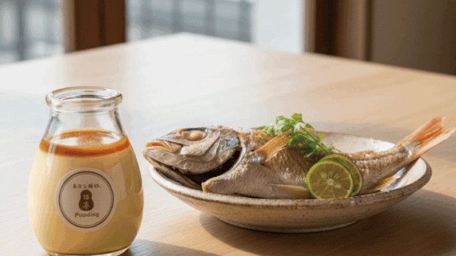 Bright, appetizing food photo featuring Atami Pudding in its signature bottle-style container and a beautifully plated kinmedai (golden eye snapper) dish, clean tabletop, soft natural light, realistic photography, travel-food magazine style, friendly and inviting mood.
