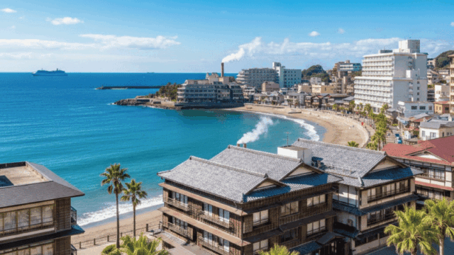Bright and welcoming travel photo of Atami Onsen town by the sea, showing the coastline, traditional ryokan buildings mixed with modern hotels, blue ocean, clear sky, and a relaxed hot spring town atmosphere. Shot in daytime, natural light, friendly and inviting mood, realistic photography style, no people close-up, perfect for a travel guide hero image.