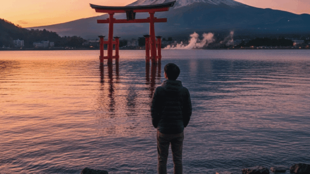 A beautiful sunset view over Lake Ashi in Hakone with the red Torii gate in the water and the silhouette of Mount Fuji. A happy traveler is looking at the view. Bright, inspiring, and emotional travel photography that captures the "Hakone experience."