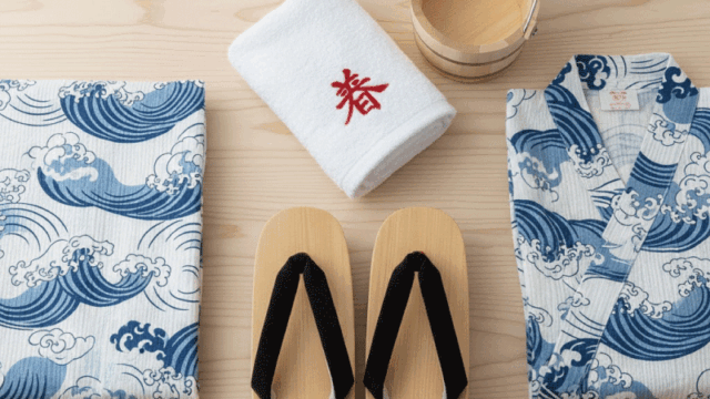 A friendly, high-quality flat-lay photo of essential onsen items: a folded white "modesty" towel, a pair of wooden "geta" sandals, a yukata robe, and a small wooden bucket. Bright wooden background, clean and organized aesthetic, travel-guide style.