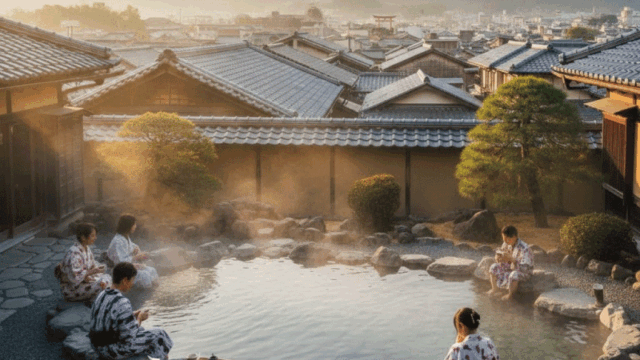 Bright and welcoming travel photo of Kyoto cityscape with a relaxing onsen atmosphere, steam rising gently, soft morning light, traditional Japanese rooftops and mountains in the background, calm and inviting mood, realistic photography style, natural colors, friendly and approachable travel guide vibe