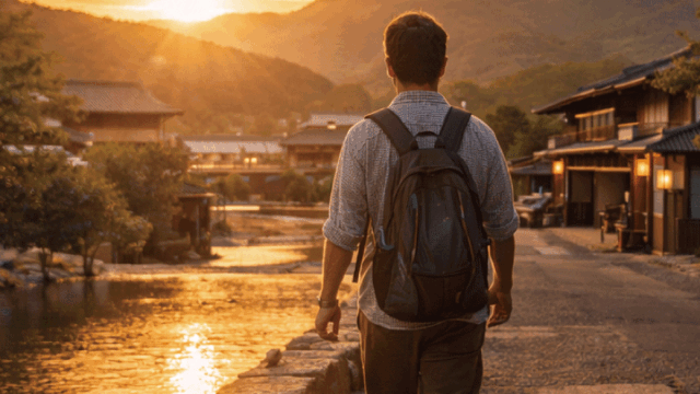 Bright, welcoming travel photo summarizing the Arashiyama onsen experience. Show a relaxed traveler walking away from an onsen area at sunset, with Arashiyama mountains and traditional buildings in the background. Warm light, peaceful atmosphere, realistic photography style. Emphasize satisfaction, calm, and the feeling of making the right choice at the end of a Kyoto day.
