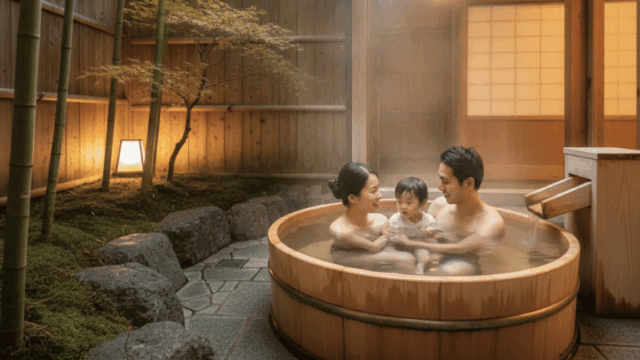 Private onsen family bath in Kyoto ryokan, couple or small family enjoying a quiet open-air bath, wooden tub, bamboo or garden background, soft evening light, intimate and peaceful atmosphere, bright yet cozy travel photography