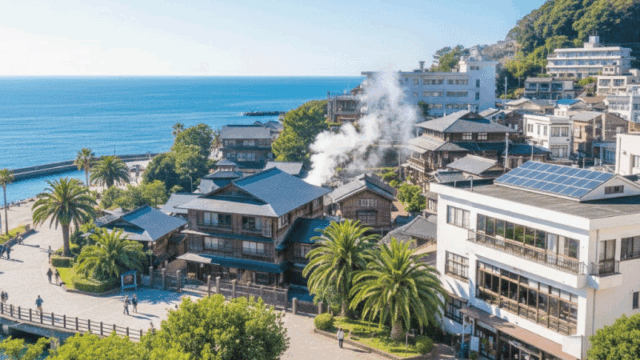 Atami onsen town coastal view, ocean in the background, traditional ryokan and hot spring steam visible, relaxed seaside atmosphere, sunny daylight, easy day-trip vibe from Tokyo, bright and friendly travel photography
