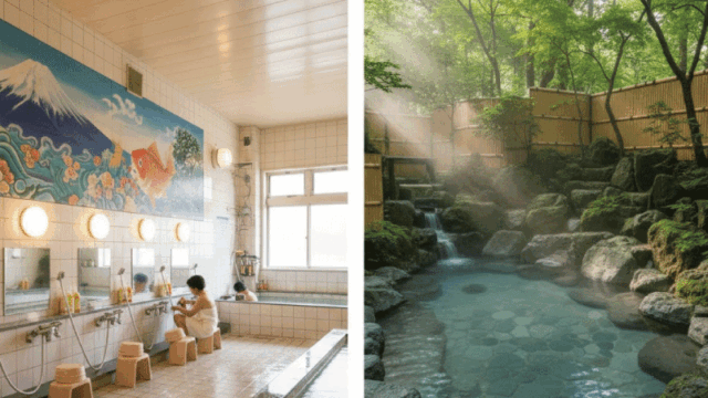 Side-by-side comparison style photo: traditional Japanese sento interior on one side and natural onsen with outdoor rotenburo on the other, clear visual contrast, warm lighting, steam, clean and welcoming atmosphere, bright and friendly photography style