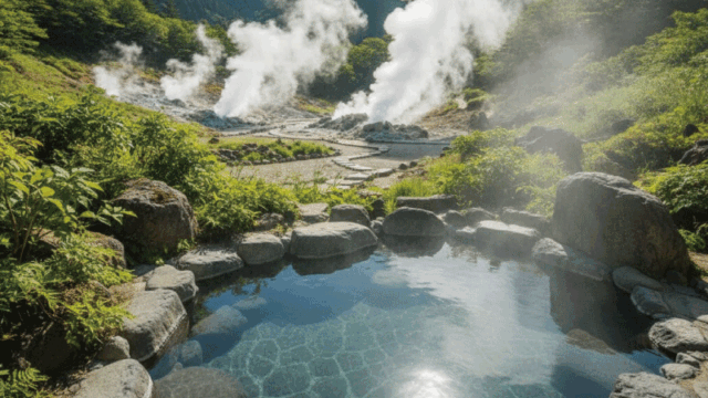 Prompt: A stunning landscape photo of the Hakone mountains with a focus on the steam rising from natural hot spring vents. In the foreground, a traditional stone outdoor bath (rotenburo) is filled with clear, steaming mineral water. High-end travel magazine style, vibrant natural colors, bright and airy.