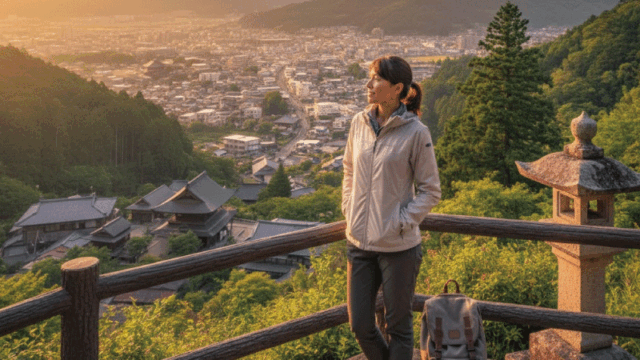 A traveler standing at a scenic viewpoint in Japan,  looking out over a town with mountains and greenery.  Relaxed posture, peaceful mood, sense of completion and confidence.  Golden hour light, realistic photography, inspirational travel magazine style.