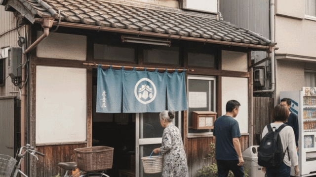 Small local onsen or sento in a residential Kyoto neighborhood, bicycle parked outside, modest entrance, locals entering casually, authentic everyday atmosphere, daylight, bright and approachable documentary-style travel photography