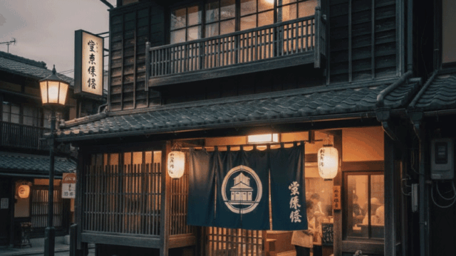 Traditional Kyoto sento near Gion, classic wooden entrance with noren curtain, warm interior lighting, historic architecture details, quiet evening street, nostalgic yet friendly travel photography style