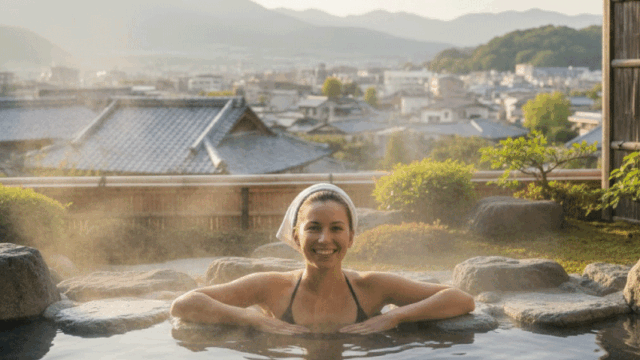 Happy overseas traveler soaking in an outdoor onsen in Kyoto, scenic background with mountains or traditional townscape, relaxed smile, steam rising, soft natural light, sense of satisfaction and completion, bright and approachable travel photography style