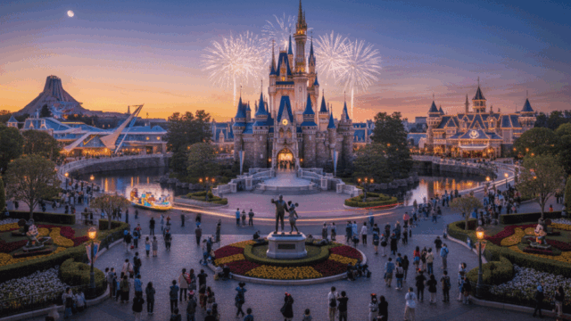A panoramic view of Tokyo Disneyland at dusk, transitioning from sunset to night. Cinderella Castle stands prominently in the center, with fireworks exploding above it. The Partners Statue is visible in front of the castle, surrounded by numerous guests. In the distance, a mountain resembling Mount Prometheus and various attraction buildings can be seen.