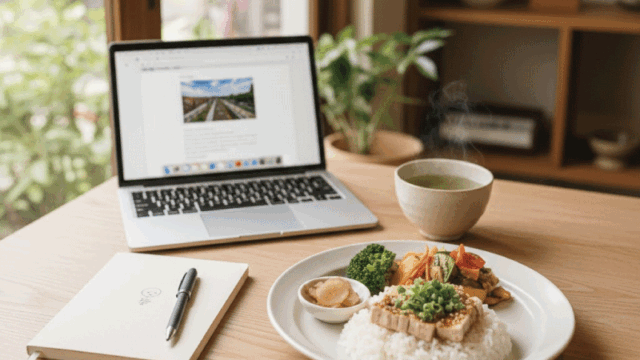 A cozy café table in Japan with a laptop, notebook, and a cup of tea. A vegan-friendly meal visible on the table. Soft natural light from a window, calm and thoughtful mood. Realistic photography, bright and friendly style. 