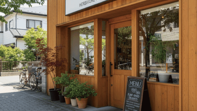 Exterior of a small, stylish vegan restaurant in Hokkaido.  Simple sign, wooden facade, plants near the entrance.  Quiet neighborhood atmosphere.  Daytime, realistic photography, welcoming and trustworthy feel.