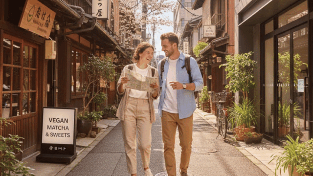A bright, welcoming travel photo of Japan for vegan travelers. A foreign couple walking through a quiet Japanese street with small shops, holding a map and smiling. Clean streets, greenery, traditional buildings mixed with modern elements. Natural sunlight, warm tones, realistic photography style, travel magazine quality.