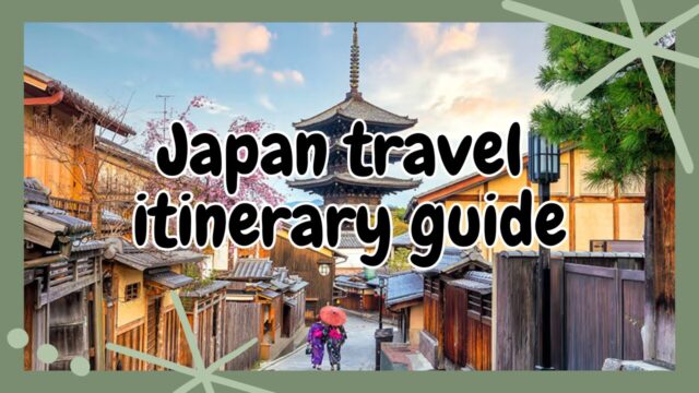 Japan travel itinerary guide with a first-time traveler looking at a Japan map, Shinkansen, and views of Tokyo, Kyoto, and Osaka