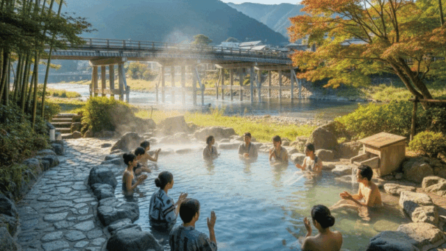 Scenic Arashiyama onsen photo with open-air hot spring, Togetsukyo Bridge and mountains in the background, lush greenery, steam rising from the bath, sunny afternoon light, peaceful yet inviting mood, bright and friendly travel photography