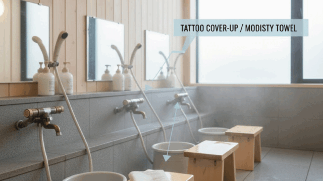 Simple and friendly onsen etiquette scene, clean Japanese washing area with stools and showers, small towel placed correctly, clear visual explanation feel, no people fully visible, calm atmosphere, bright lighting, educational yet welcoming travel photography style