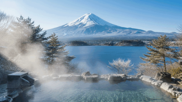 Prompt: A breathtaking wide-angle shot of an outdoor hot spring (rotenburo) in Hakone with a clear, spectacular view of a snow-capped Mount Fuji in the background. Steam rises gently from the water. Bright blue sky, crisp winter air feeling, vibrant and clear. 8k, realistic travel photography.