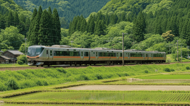 Prompt: A sleek Odakyu Romancecar train passing through the scenic green countryside of Kanagawa on its way to Hakone. Bright blue sky, modern design of the train contrasting with traditional Japanese nature. Cinematic wide shot, cheerful travel vibes, high shutter speed, sharp details.