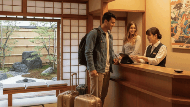 Bright, friendly travel photo of a couple (or small group) checking into a ryokan in Atami, smiling at the front desk, luggage nearby, warm welcoming interior with Japanese design elements. Daytime or early evening soft light, realistic photography, inviting beginner-friendly mood.