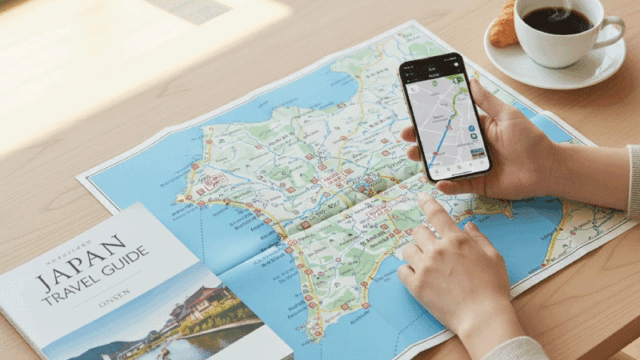 Friendly travel planning scene with a map of Atami spread on a table, smartphone showing navigation, guidebook, coffee cup nearby. Bright natural light, relaxed planning vibe, clean and modern travel aesthetic, realistic photography suitable for a travel guide.