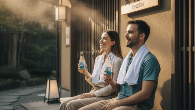Overseas travelers relaxing after sightseeing in Kyoto, sitting on a bench outside an onsen facility, holding small towels and drinks, casual clothes, satisfied expressions, soft afternoon light, friendly and practical travel photography style