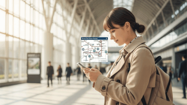 Travel route planning scene in Kyoto, foreign traveler checking smartphone with train routes, Kyoto Station visible in background, suitcase nearby, relaxed mood, clear daylight, friendly and practical travel photography style