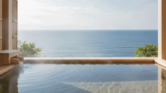 Split-style travel photo showing a traditional Japanese ryokan with tatami rooms and wooden exterior on one side, and a modern luxury resort hotel with large windows and ocean views on the other. Bright daytime lighting, calm and inviting atmosphere, realistic photography, clearly showing contrast between traditional and modern accommodation styles.