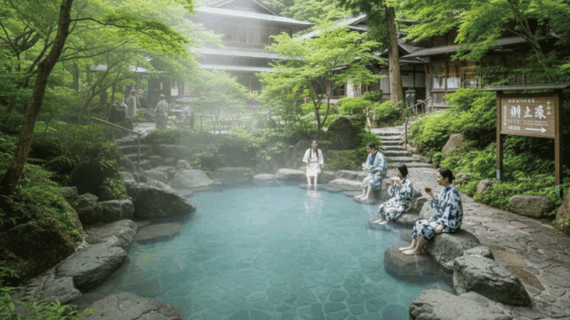 Mountain onsen in Kurama, Kyoto, surrounded by forest and traditional wooden buildings, outdoor rotenburo with steam, fresh green trees, peaceful rural atmosphere, soft natural daylight, welcoming and relaxing travel photography style