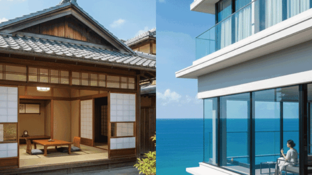 Split-style travel photo showing a traditional Japanese ryokan with tatami rooms and wooden exterior on one side, and a modern luxury resort hotel with large windows and ocean views on the other. Bright daytime lighting, calm and inviting atmosphere, realistic photography, clearly showing contrast between traditional and modern accommodation styles.