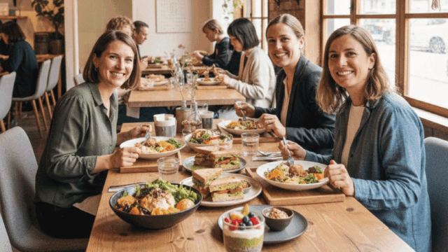 Interior of a vegan café in Sapporo with colorful plant-based dishes on the table.  Foreign travelers enjoying their meal, smiling naturally.  Modern yet cozy design, natural light.  Realistic food and lifestyle photography.