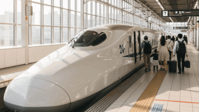 High-quality photo of a Shinkansen bullet train at a platform, doors open, sunlight streaming in, travelers boarding calmly with small luggage. Modern, efficient Japanese rail atmosphere, clean station, bright and friendly travel mood, realistic photography, suitable for first-time Japan travelers.