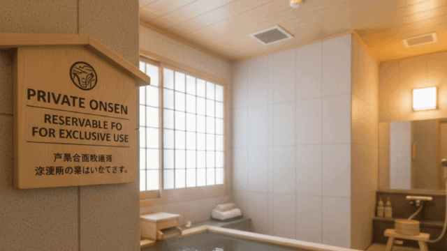 Comfortable and welcoming image of a private family onsen room, showing a reservable bath space with clear signage indicating private use. Warm lighting, peaceful atmosphere, inclusive and stress-free mood, realistic photography, designed to reassure international travelers.